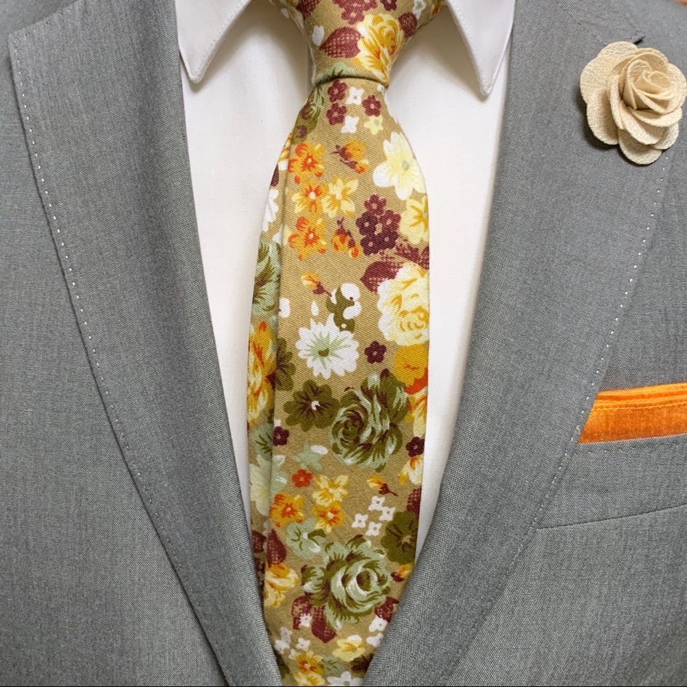 Men's Ochre Mix Floral Print Necktie 5-Piece Gift Set - Picture 3 of 11